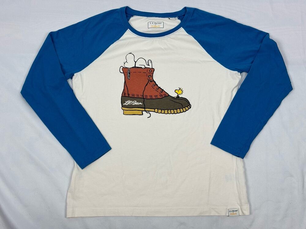LL Bean Peanuts Snoopy Woodstock Boot Raglan T-Shirt Women’s M Graphic Baseball